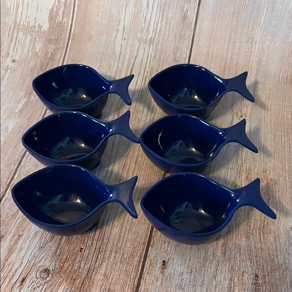 Set of 6 Cobalt Blue Fish-Shaped Dipping Bowls Ramekins